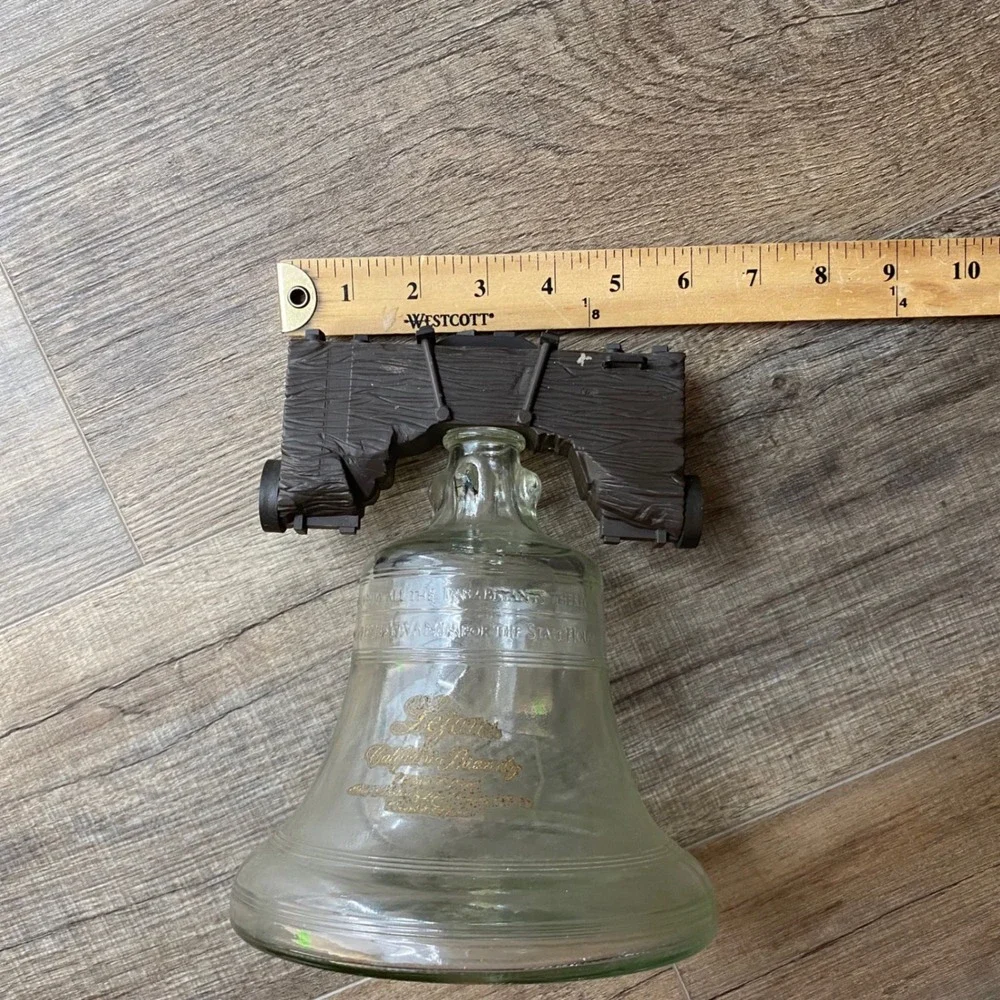 Vintage Lejon California Brandy Liberty Bell Glass Decanter Faux Wood Yoke